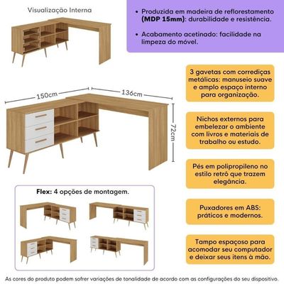 Mesa De Escritório Em L Com 3 Gavetas Porto Multimóveis Mp6044 Madeirado/branco