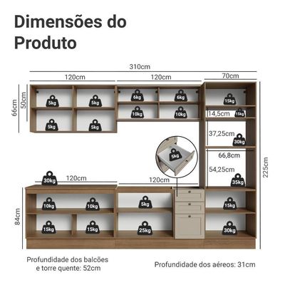 Armário De Cozinha Completa 310 Cm Rustic/crema Vik Madesa 01 Rustic/crema