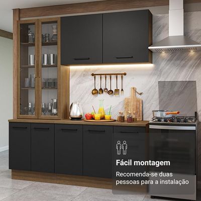 Armário De Cozinha Completa 190cm Com Cristaleira Agata Madesa Rustic Preto