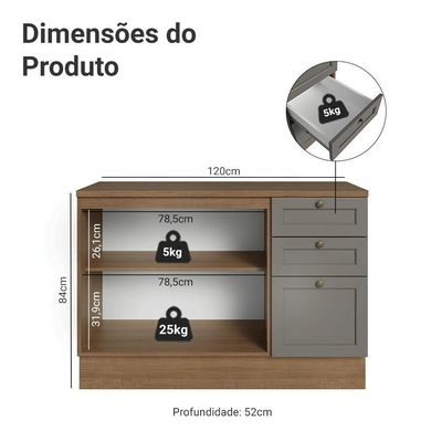 Balcão De Cozinha 120 Cm 2 Portas 3 Gavetas Rustic/cinza Vik Madesa Rustic/cinza