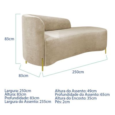 Divã Recamier Orgânico França 250cm Lado Dir Pés Metal Dourado Bouclé Bege