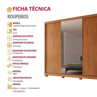 Guarda Roupa Casal Connor Mdf 3 Portas 4 Gavetas Com Espelho Naturalle
