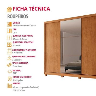 Guarda Roupa Casal Connor 3 Portas 4 Gavetas 6 Prateleiras Naturalle