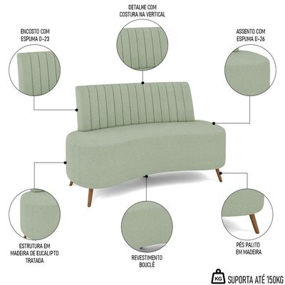 Sofá 2 Lugares Para Sala Living 135cm Pés Palito Tamar K04 Bouclê Verde água - Mpozenato