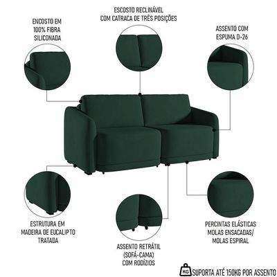 Sofá Cama Casal Para Sala 176cm Polska K04 Veludo Verde - Mpozenato