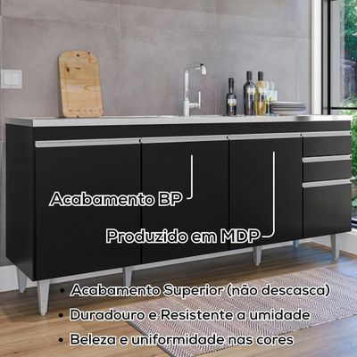 Balcao Para Pia 4 Portas 2 Gavetas 180 Cm Bp Agatha Preto
