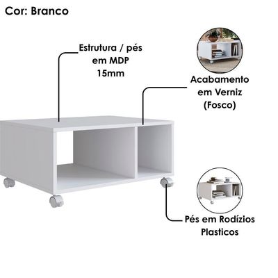 Mesa De Centro Para Sala Com Rodizios 60x45 Cm B59 Branco Novam Branco