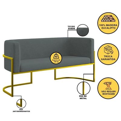 Sofá Namoradeira 2 Lugares Moderna Base Metal Gold Balaqui Cinza