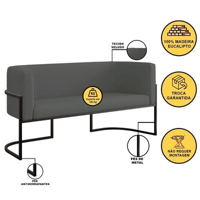 Sofá 2 Lugares Veludo Moderno Base Metal Black – Balaqui Cor:cinza Cinza