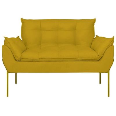 Sofá Namoradeira Base Metal Dourada Reforçada Tecido Suede Amarelo
