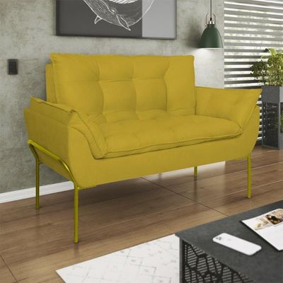 Sofá Namoradeira Base Metal Dourada Reforçada Tecido Suede Amarelo