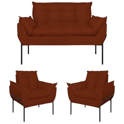 Kit 02 Poltronas + Namoradeira Reforçada Opala Metal Preto Terracota