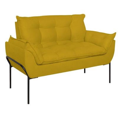 Sofá Namoradeira Base Metal Preta Reforçada Tecido Suede Amarelo
