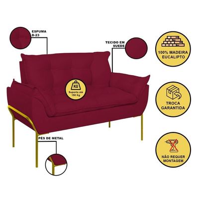 Sofá Namoradeira Base Metal Dourada Reforçada Tecido Suede Marsala