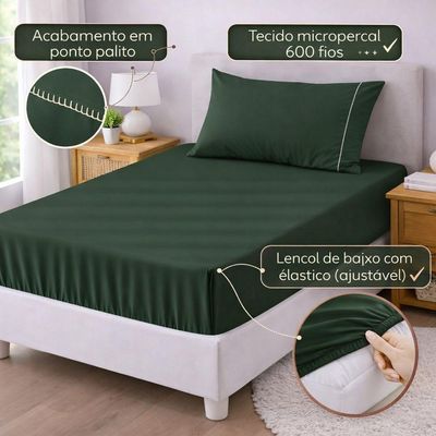 Jogo De Lençol Solteiro Premium Soft 600 Fios Micropercal Verde Escuro Ponto Palito Toque Macio 2 Peças