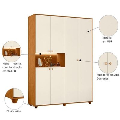 Armário De Quarto 6 Portas Multiuso Com Prateleira Cinamomo Mel Off White