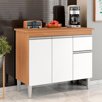 Balcão De Cozinha 3 Portas Oxford Amendoa Branco