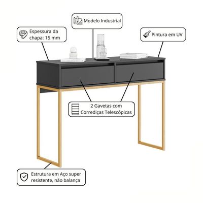 Aparador Buffet Rio 2 Gavetas Para Sala 90 Cm Preto Dourado