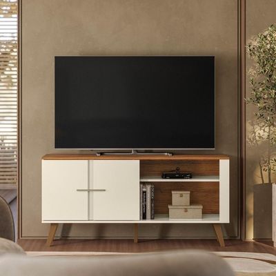 Rack Para Tv Com Nichos Abertos E Pés De Madeira Retrô