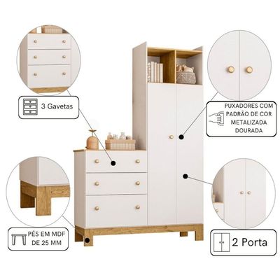 Guarda Roupa Infantil Com Cômoda 2 Portas 3 Gavetas Branco