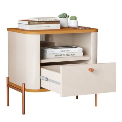 Mesa Cabeceira Para Quarto Com Pém Em Aço 1 Gaveta Off White Nature Bronze Off White Nature Bronze