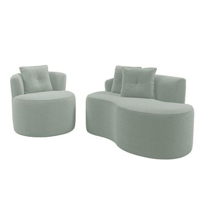Kit Sofá E Poltrona Orgânica Living Bob Com Almofadas Bouclê Verde Menta - Desk Design