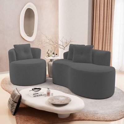 Kit Sofá E 02 Poltronas Orgânicas Living Bob Com Almofadas Bouclê Cinza Escuro - Desk Design