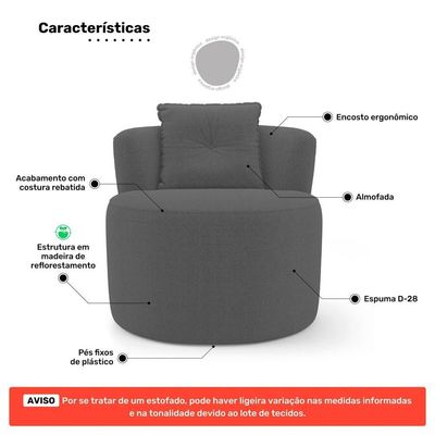 Kit Sofá E 02 Poltronas Orgânicas Living Bob Com Almofadas Bouclê Cinza Escuro - Desk Design