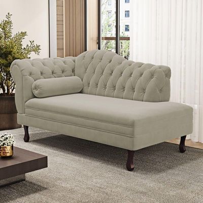 Divã Recamier Chaise Longue Lavínia 150cm Capitonê Pés De Madeira Suede Bege - Desk Design