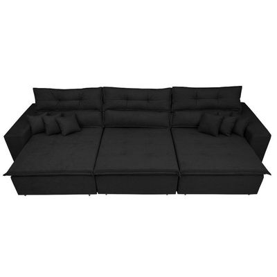 Sofá Cairo 3,52m Retrátil, Reclinável Tecido Suede Preto