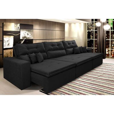 Sofá Cairo 3,52m Retrátil, Reclinável Tecido Suede Preto