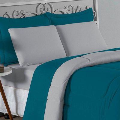 Kit Edredom Dupla Face + Jogo De Lençol Solteiro Nobre 5 Peças Malha 100% Algodão - Petróleo / Cinza