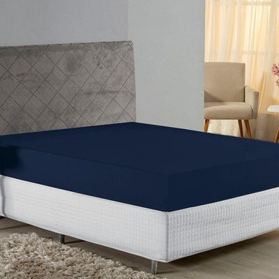 Lençol Com Elástico Casal Nobre Viúva 1 Peça 30cm De Altura Malha 100% Algodão - Azul-marinho