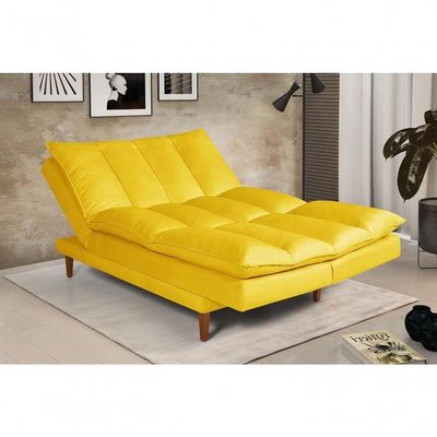 Sofá Cama Vancouver 3 Lugares Império Reclinável Casal Pés Madeira Suede Amarelo 374