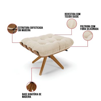 Poltrona com Puff Giratório Costela Suede Base de Madeira MA30 M11 - D'Rossi Preto