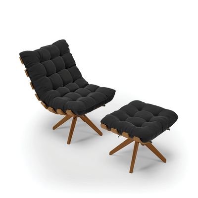 Poltrona com Puff Giratório Costela Suede Base de Madeira MA30 M11 - D'Rossi Preto