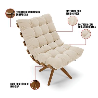 Poltrona com Puff Giratório Costela Suede Base de Madeira MA30 M11 - D'Rossi Preto