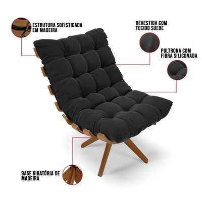 Poltrona com Puff Giratório Costela Suede Base de Madeira MA30 M11 - D'Rossi Preto