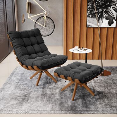 Poltrona com Puff Giratório Costela Suede Base de Madeira MA30 M11 - D'Rossi Preto