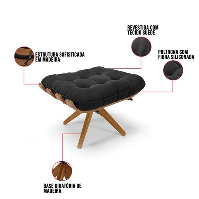 Poltrona com Puff Giratório Costela Suede Base de Madeira MA30 M11 - D'Rossi Preto