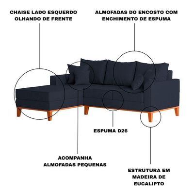 Sofá 3 Lugares Beny Com Chaise Esquerdo Linho Azul