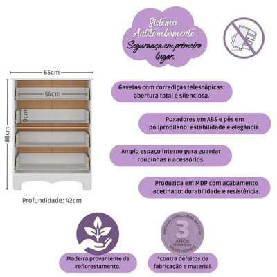Cômoda Infantil 65cm Com 4 Gavetas Dengo Multimóveis Mp4409 Branco Branco