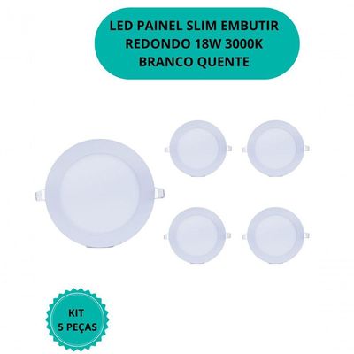 Kit C/ 05 Plafons Led 18w Redondo 3000k Slim Embutir Bivolt