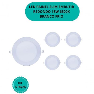 Plafon Led Slim 18w Redondo Embutir 6500k Branco Frio Bivolt - Kit Com 5 Un.