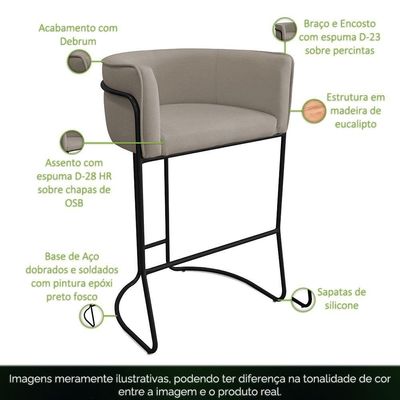 Kit 04 Banquetas Alta Com Encosto Betina Base Preto Poliéster Bege Escuro - Nexta Casa