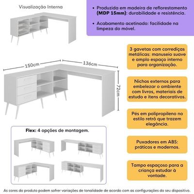 Mesa De Estudos Em L Com 3 Gavetas Porto Multimóveis Mp6047 Branco