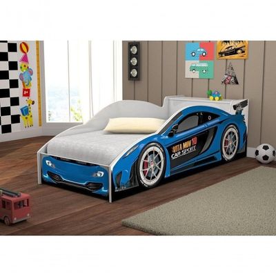 Cama Carro Com Baú Juvenil Racer Azul Com Colchão