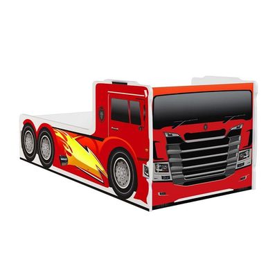 Cama Caminhão Solteiro Infantil Juvenil Com Cabeceira Peseira Estampadas Para Quarto - Vermelho