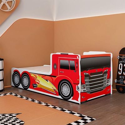 Cama Caminhão Solteiro Infantil Juvenil Com Cabeceira Peseira Estampadas Para Quarto - Vermelho