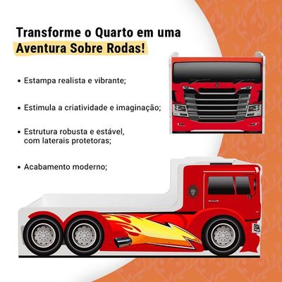 Cama Caminhão Solteiro Infantil Juvenil Com Cabeceira Peseira Estampadas Para Quarto - Vermelho